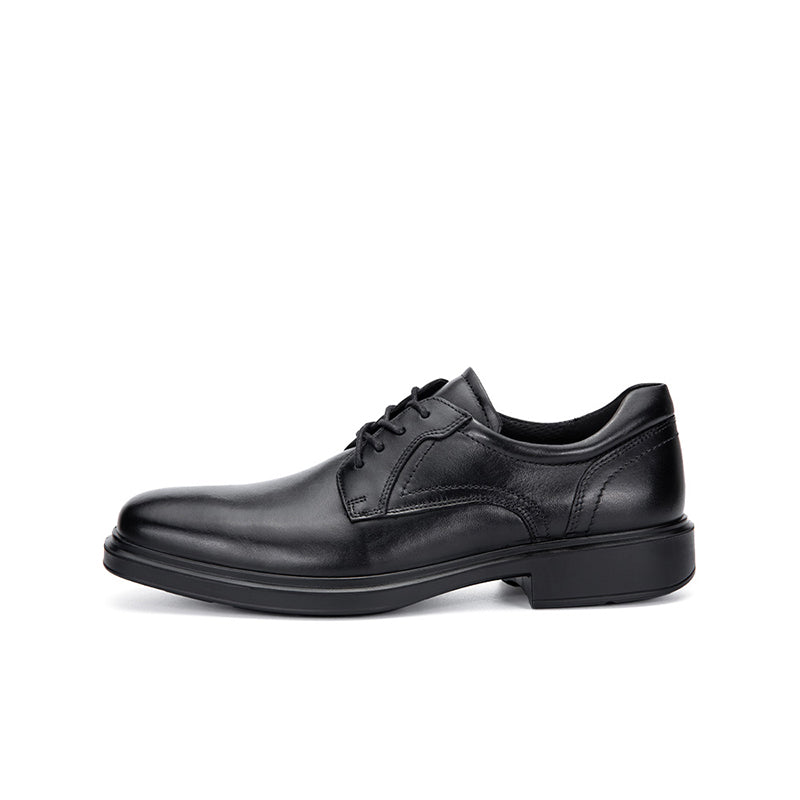 Black leather derby dress shoe with lace-up closure and cushioned collar, angled view.