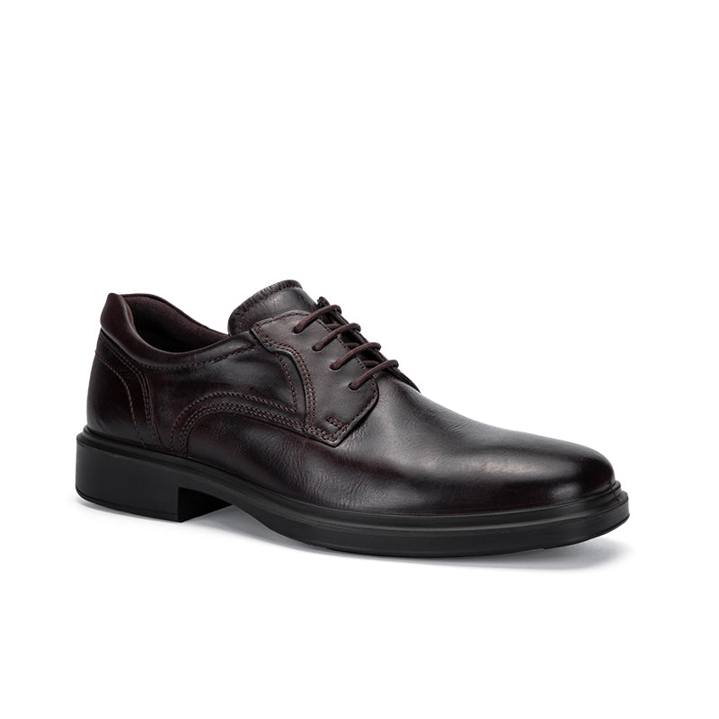 Dark brown leather derby dress shoe with lace-up closure and low block heel, side view.