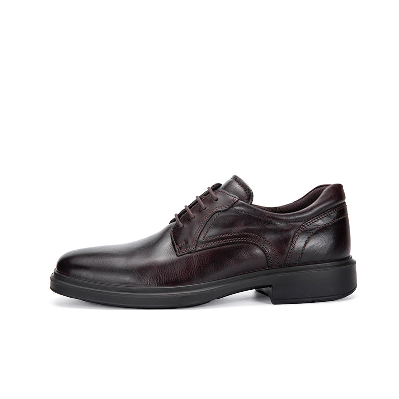 Dark brown leather derby dress shoe with lace-up closure and stitched panel detail.