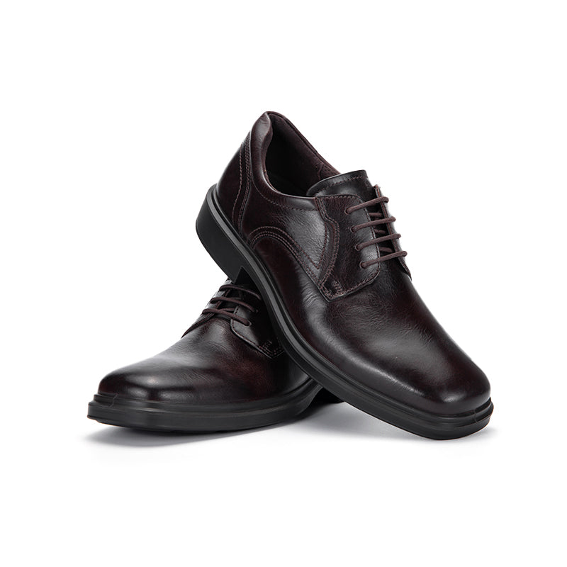 Dark brown leather derby dress shoes with lace-up closure, front and side angle.
