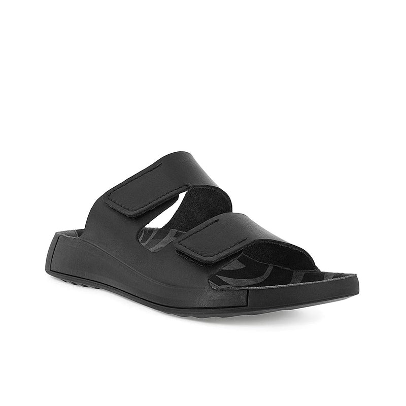 Black men's leather two-strap slippers with adjustable hook-and-loop closures