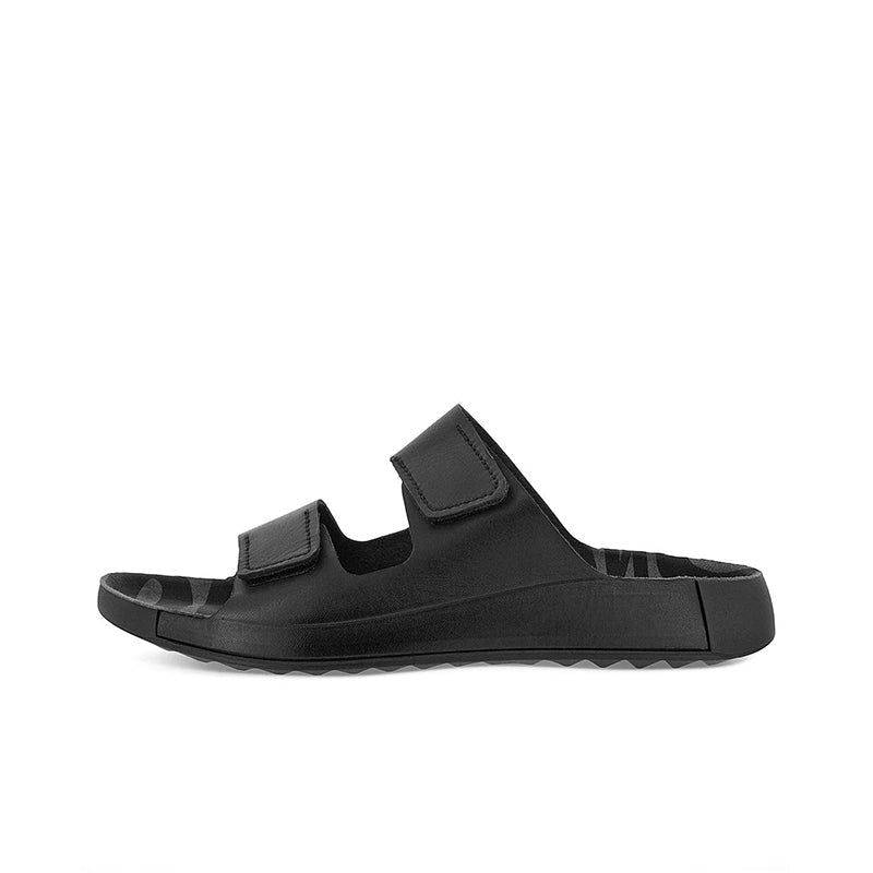 Black men's two-strap leather slippers with wide straps and textured sole