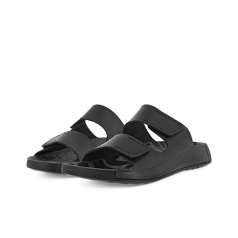 Black men's two-strap leather sandals with cushioned footbed and hook-and-loop straps
