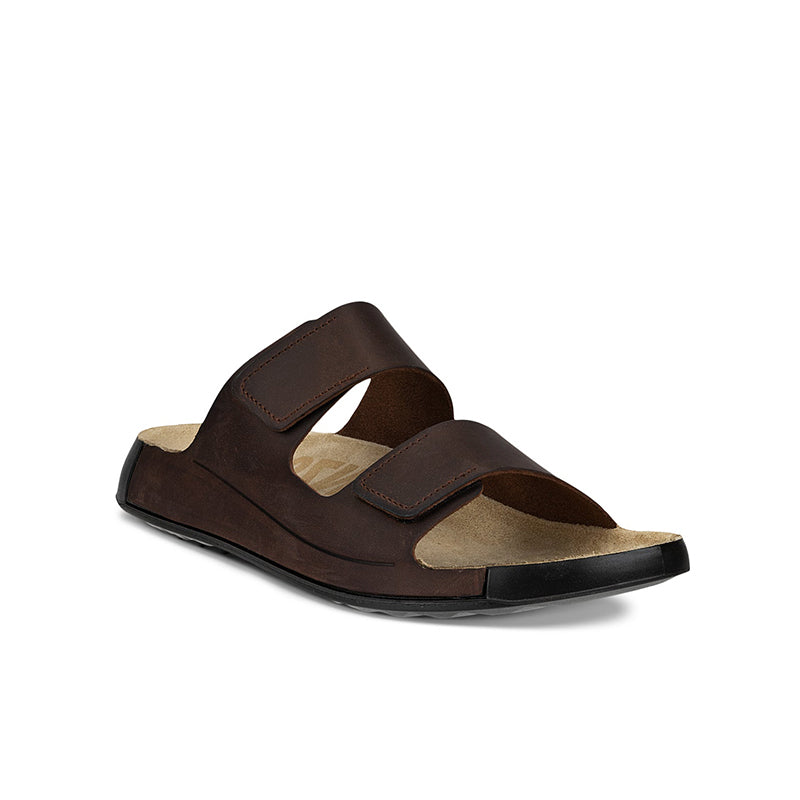 Brown men's leather two-strap slippers with padded straps and hook-and-loop closure