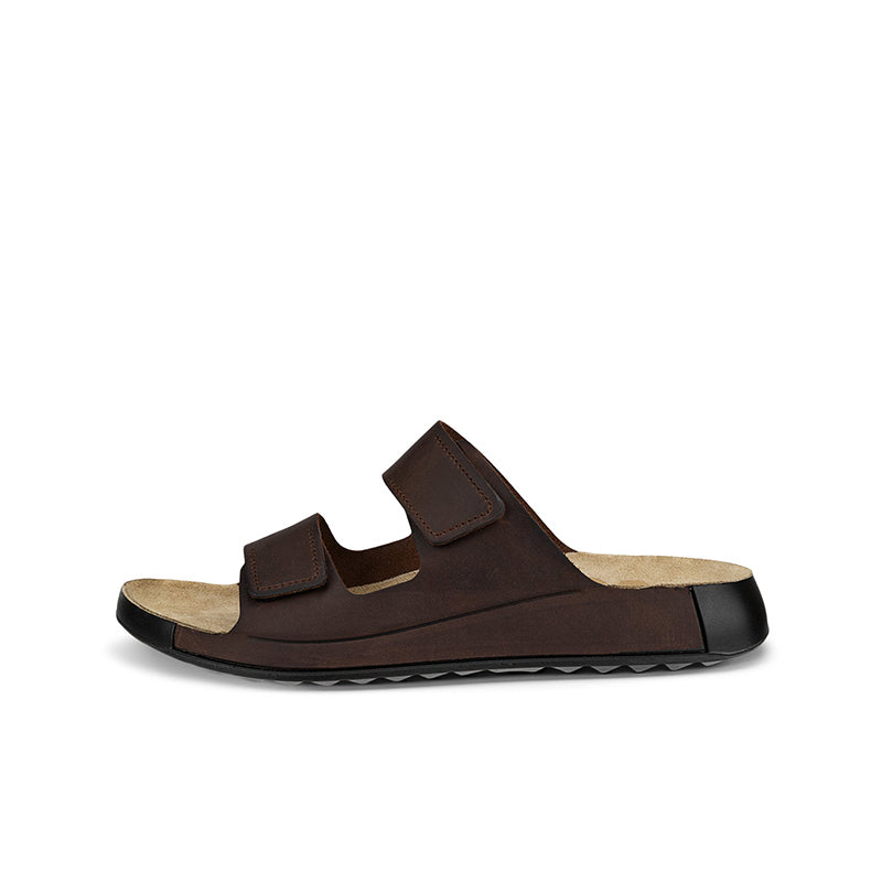 Brown men's leather two-strap slippers with wide straps and textured traction sole