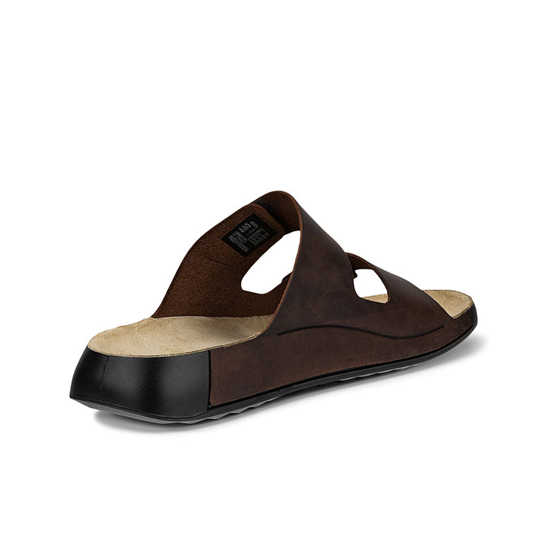 Brown men's leather two-strap slippers with open heel design and padded straps