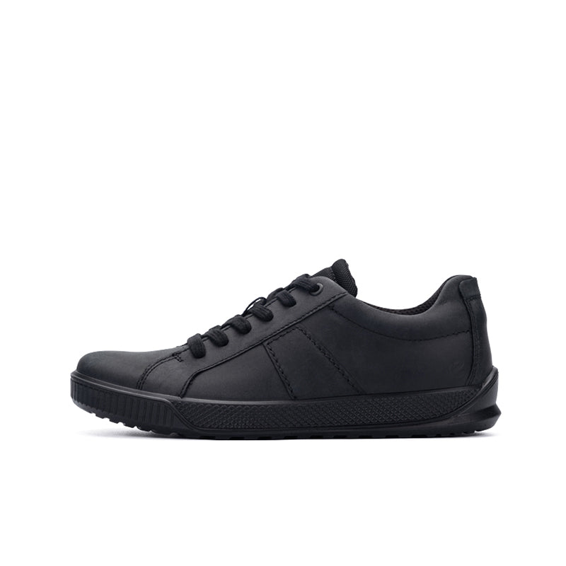Men's black leather low-top sneakers, lace-up front with padded collar