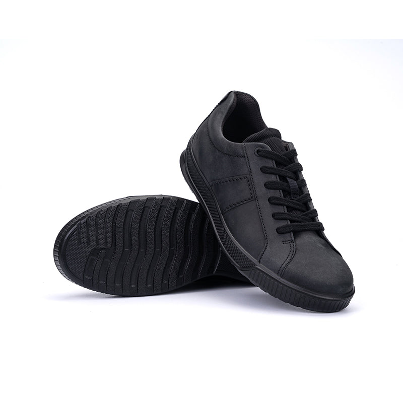 Men's black leather low-top sneakers with visible treaded outsole and lace-up upper