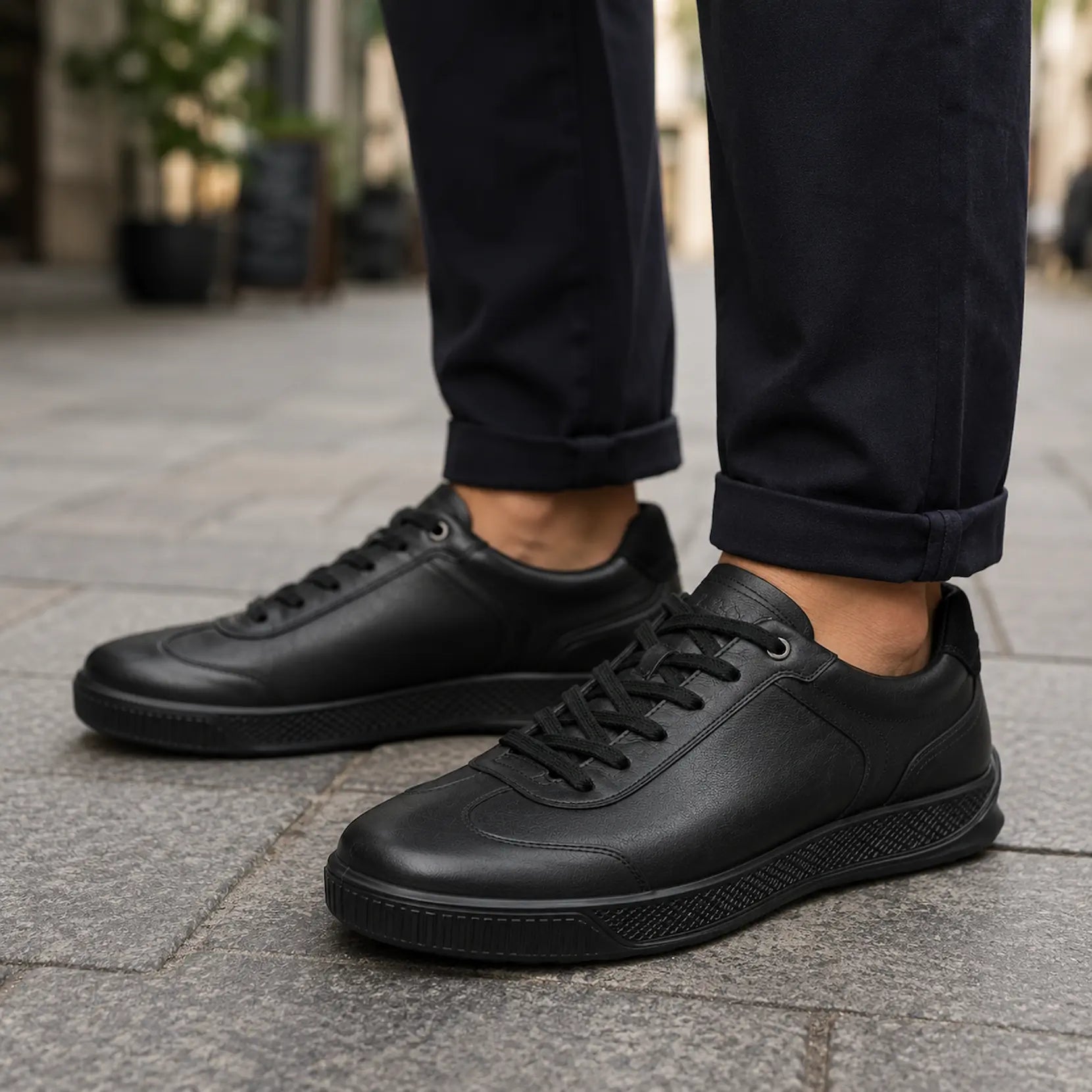 ECCO men BYWAY T Bar trainers black leather casual walking shoes 50168401001 on foot view with outfit