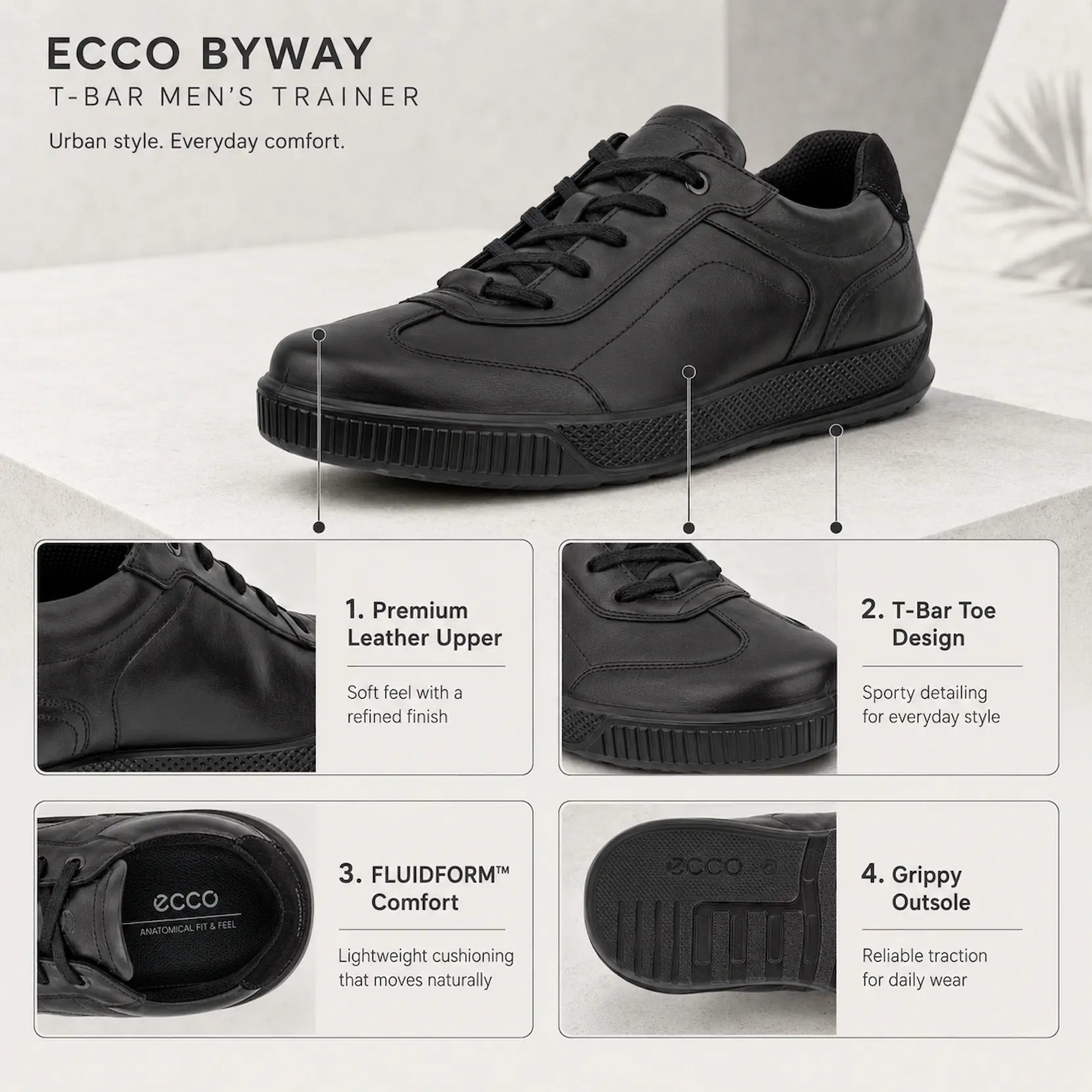 ECCO men BYWAY T Bar trainers black leather FLUIDFORM comfort 50168401001 product detail view