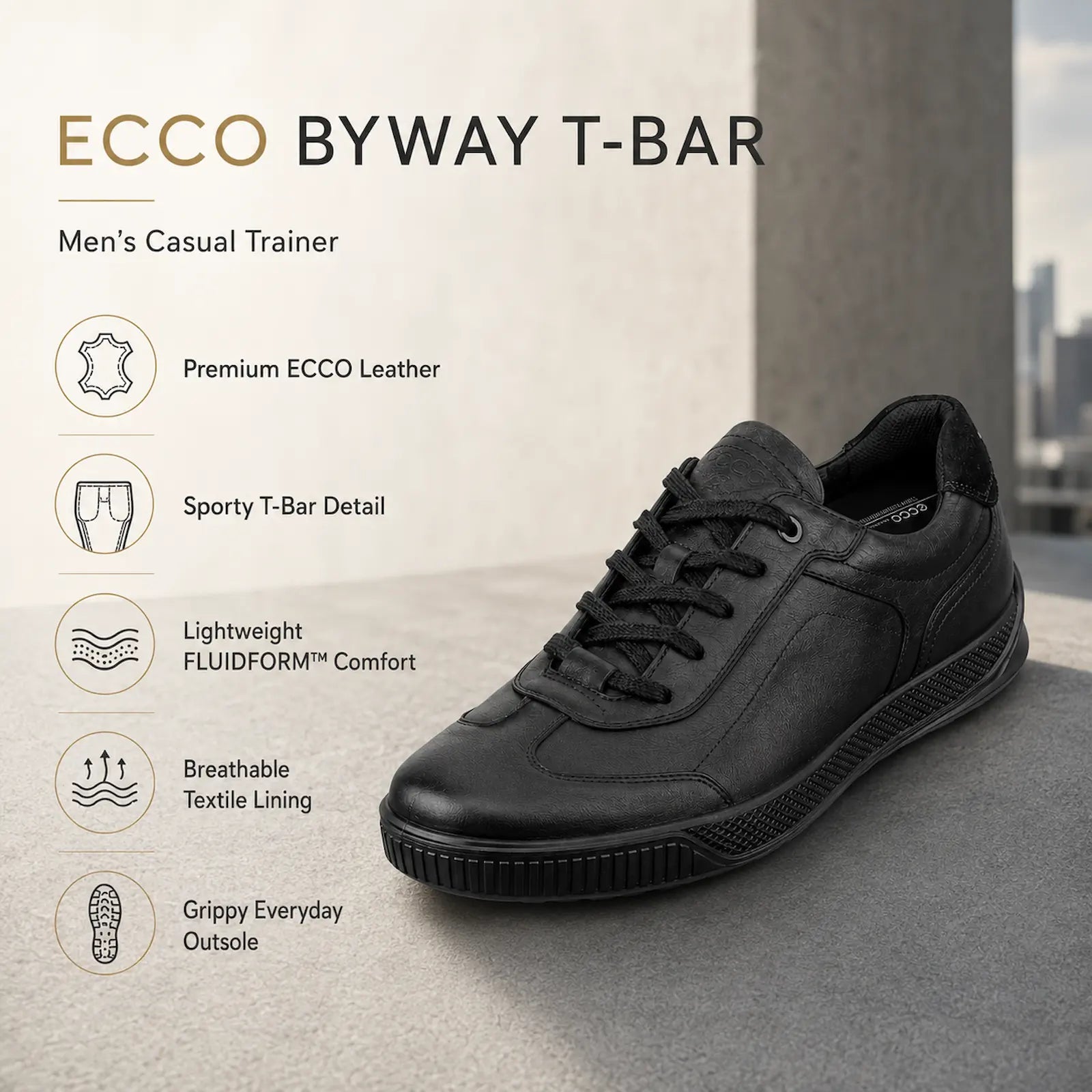 ECCO men BYWAY T Bar trainers black leather grippy outsole 50168401001 comfort feature detail
