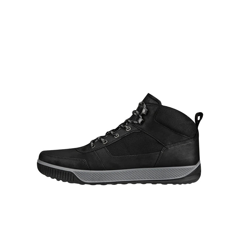 Black men?¡¥s high-top lace-up boots with strap detail and grippy rubber outsole
