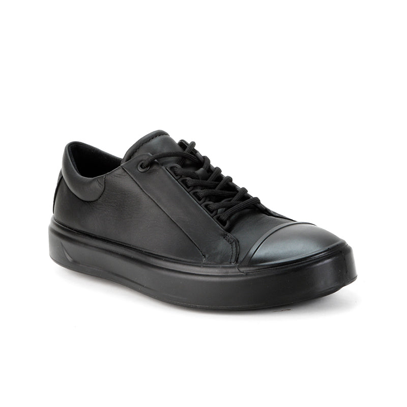 Men's black T-cap lace-up casual sneaker, side view with padded collar