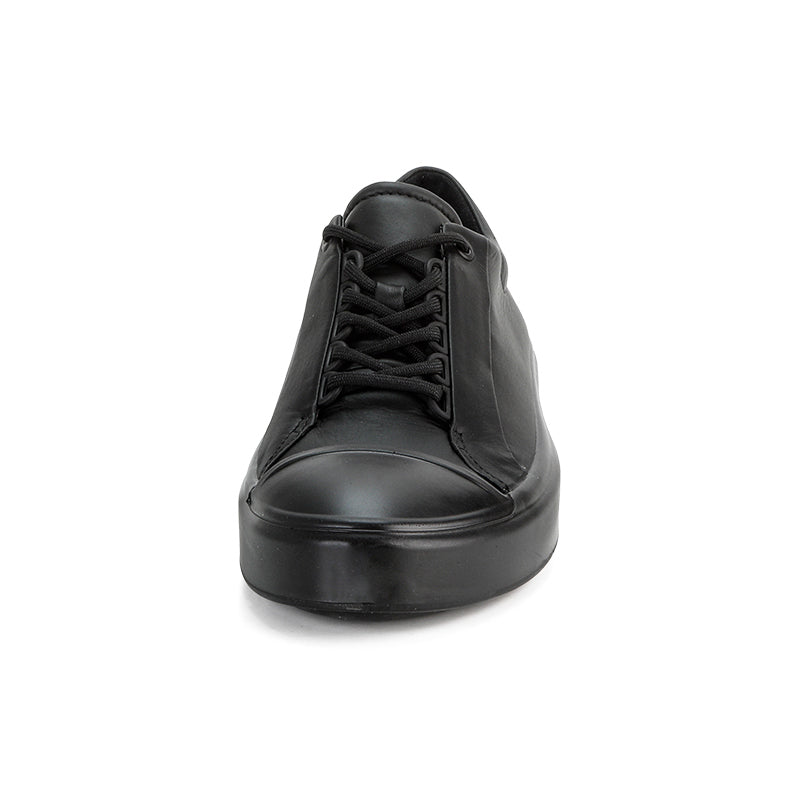 Men's black lace-up casual sneaker, front view with padded tongue and collar