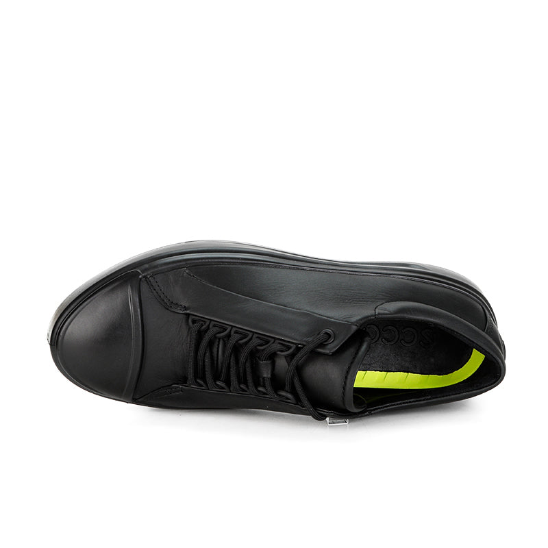 Men's black T-cap lace-up sneaker with bright green inner lining detail