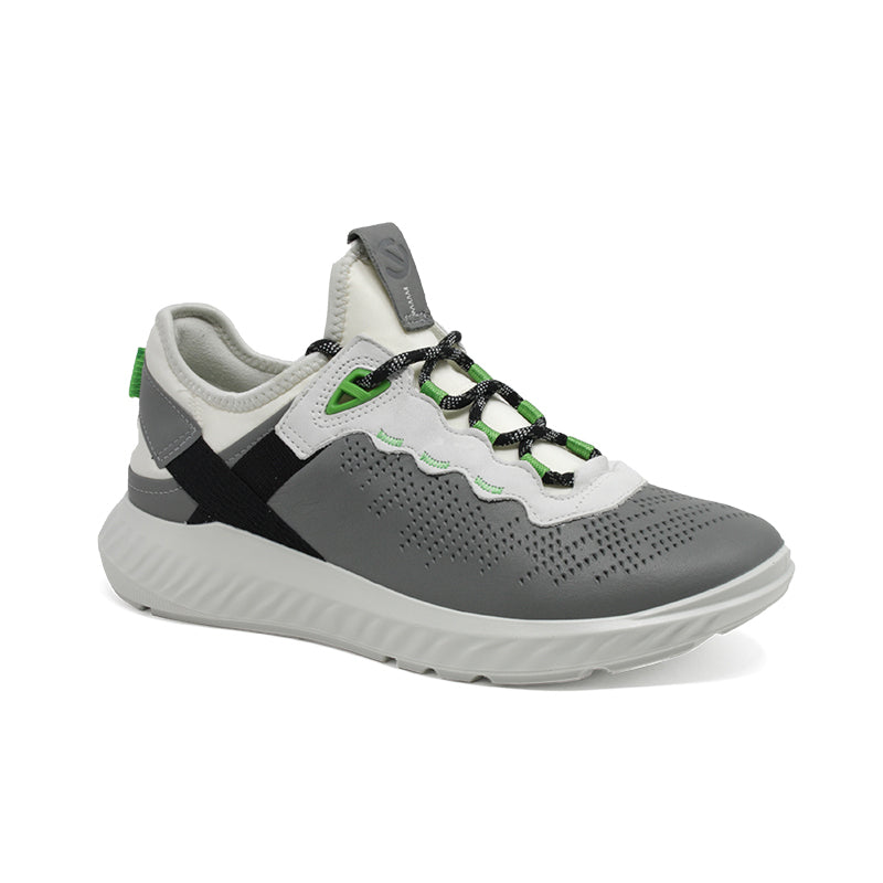 Men's low-top sneakers in gray with white upper, black strap, green laces, rubber sole