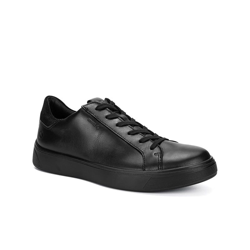 Black leather lace-up sneaker with rubber sole, low profile