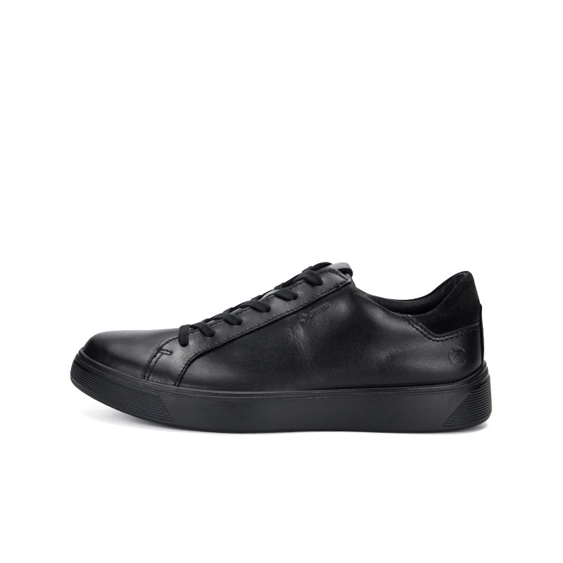 Black leather lace-up sneaker, low profile side view