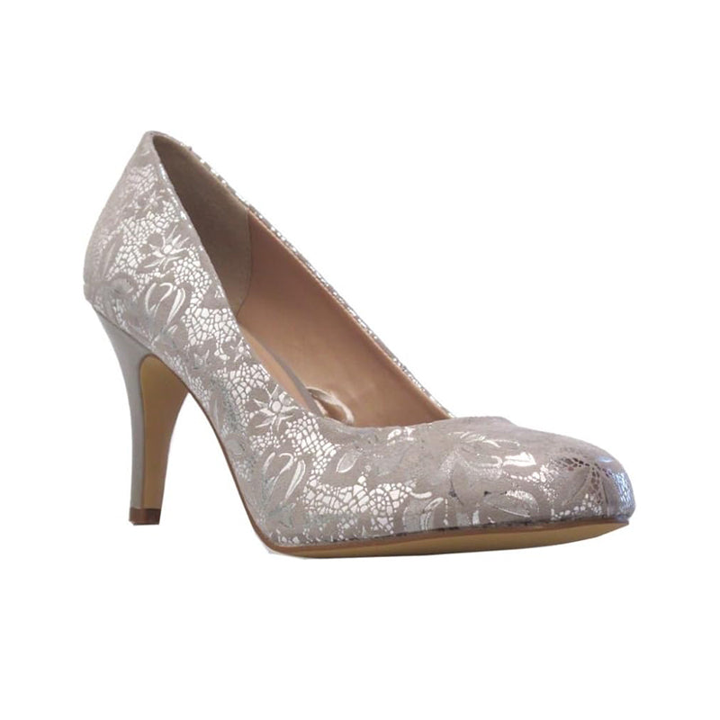 Silver leather court heels with floral lace print, pointed toe, slim stiletto heel