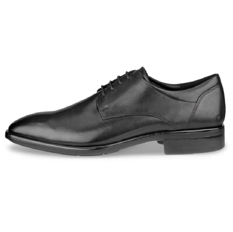 Men's leather derby shoes, black, low-profile lace-up with stitched detail