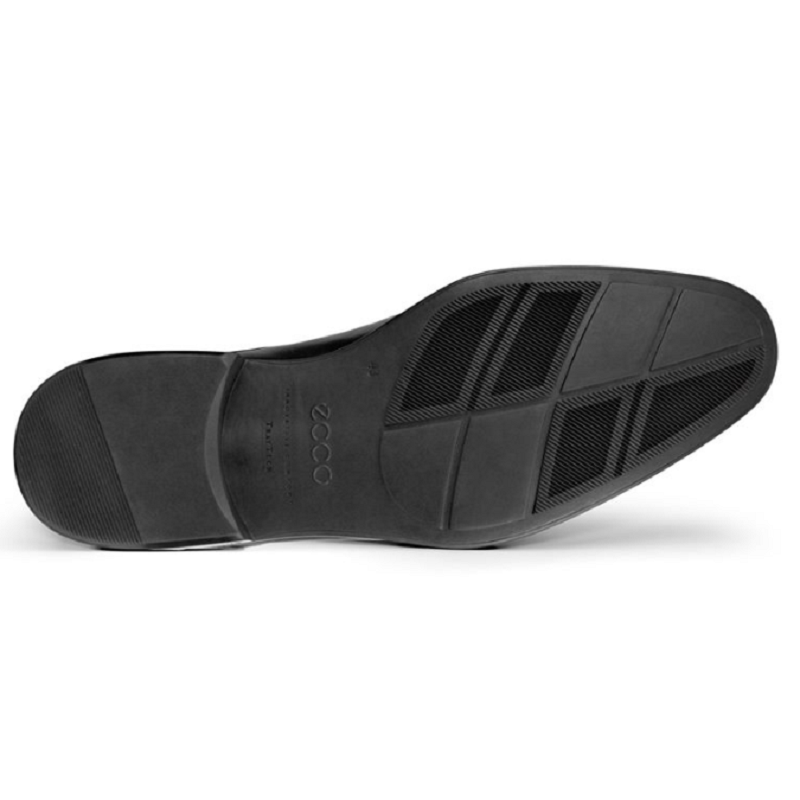 Men's shoe outsole, black rubber tread with ECCO logo on heel