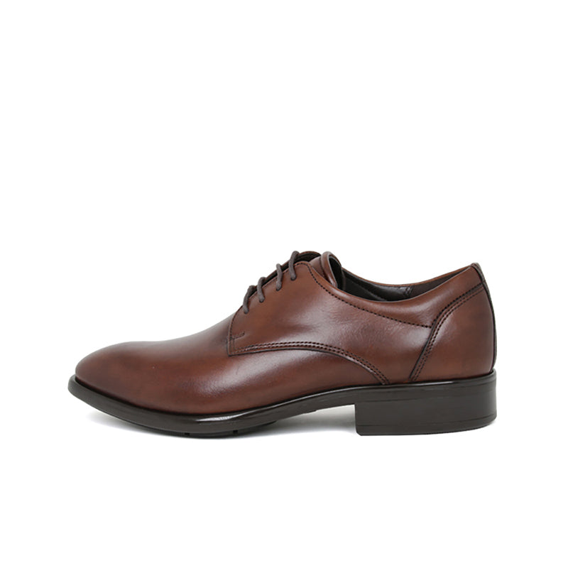 Men's leather derby shoes, brown, side profile with lace-up closure
