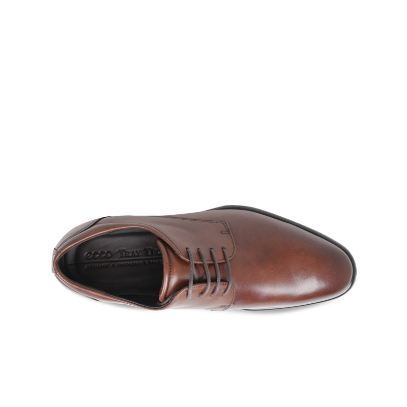 Men's leather derby shoes, brown, toe and lace view with branded insole
