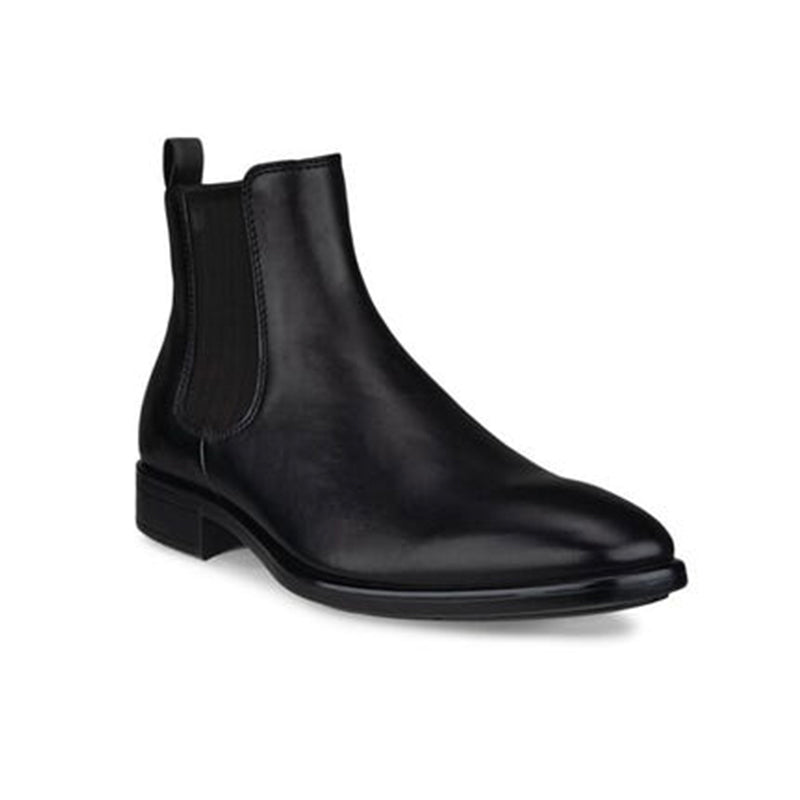 Men's black leather Chelsea boots with elastic side panels and low heel