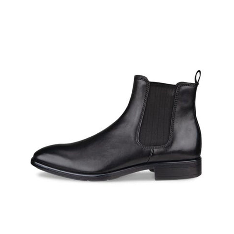 Men's black leather Chelsea boots with elastic gore and low heel