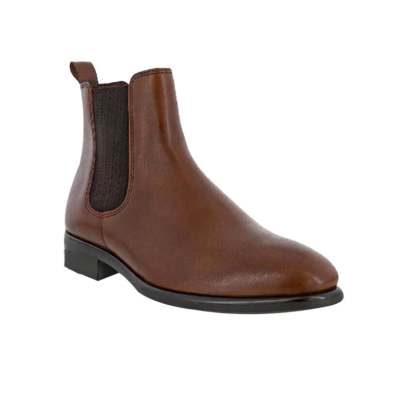 Men's brown leather Chelsea boots with black elastic side panels and low heel