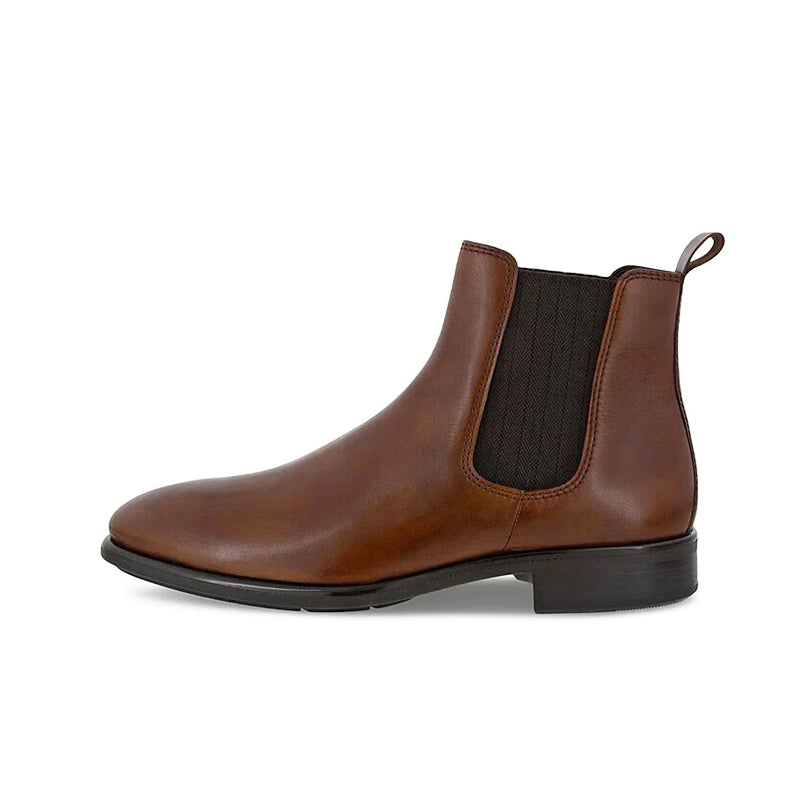 Men's brown leather Chelsea boots with elastic sides and low chunky heel