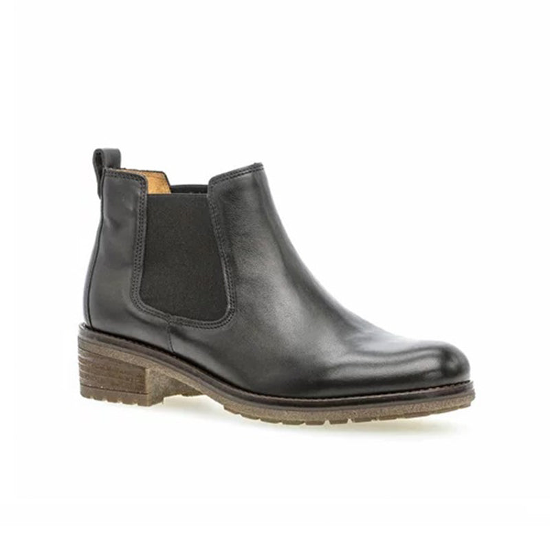 Black leather ankle Chelsea boot with elastic side panels and stacked low heel