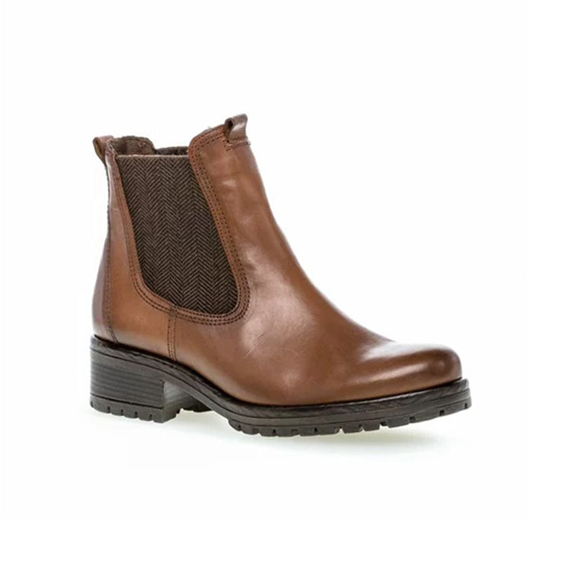 Brown leather Chelsea boots with side elastic panels and dark tread sole