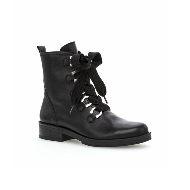 Black leather lace-up ankle boots with block heel and side pull loops