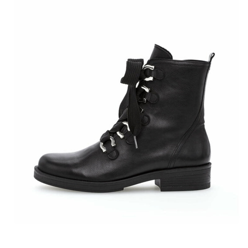 Black leather lace-up ankle boots with block heel, side view