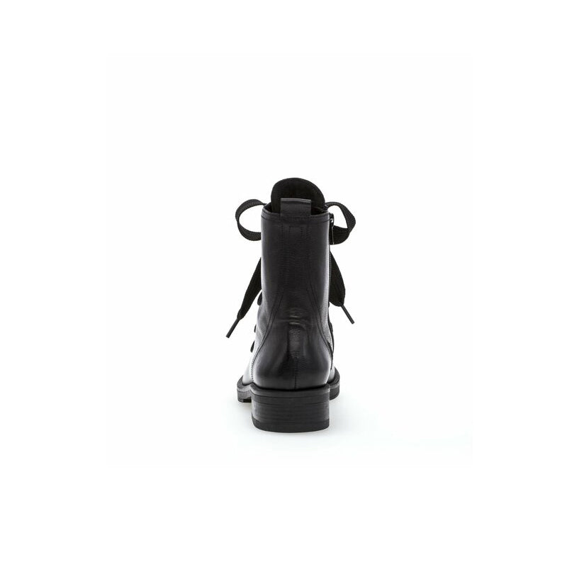 Black leather lace-up ankle boots, rear view with pull loops