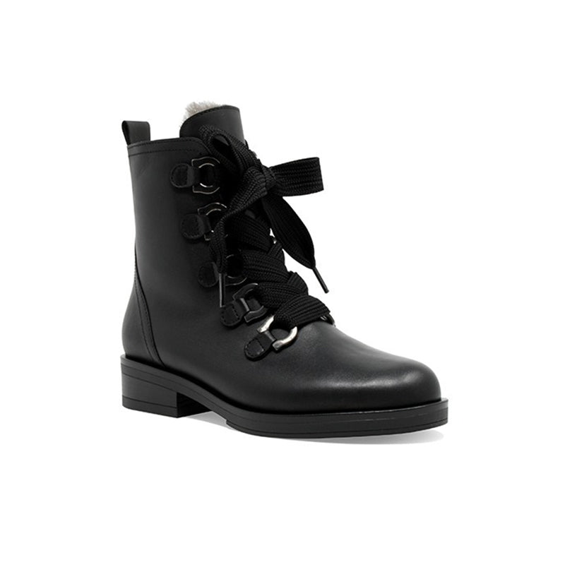 Black leather lace-up ankle boots with block heel and pull tab detail
