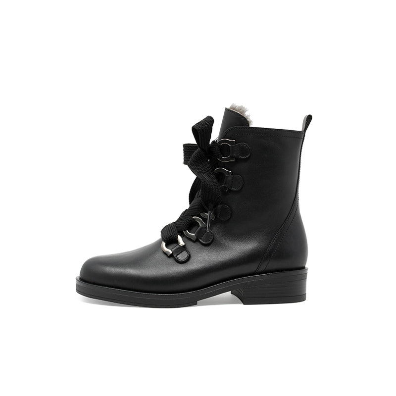 Black leather lace-up ankle boots, side profile with block heel