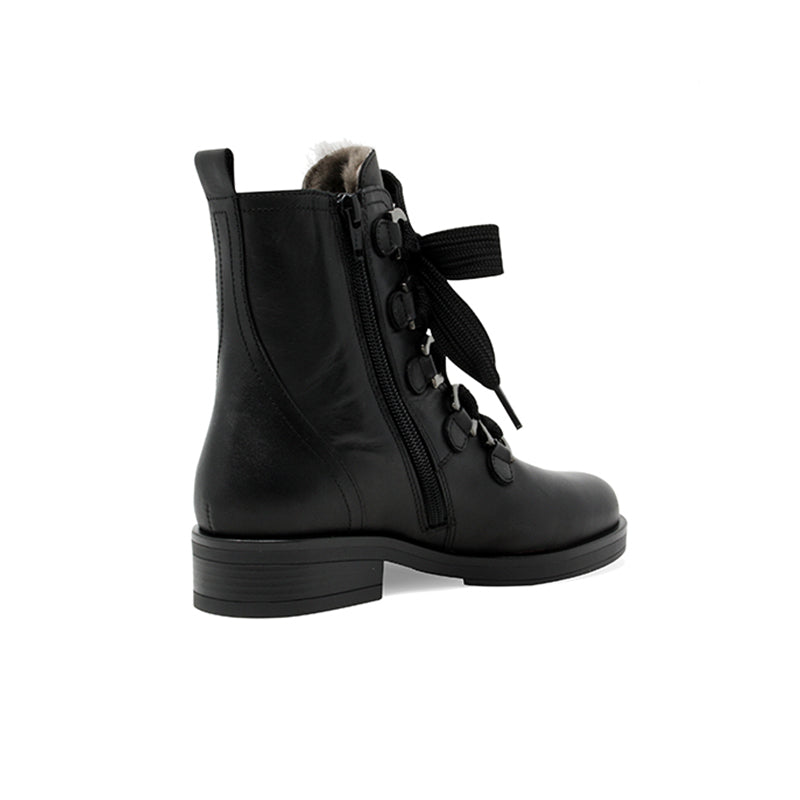 Black leather ankle boots with lace-up front and side zipper