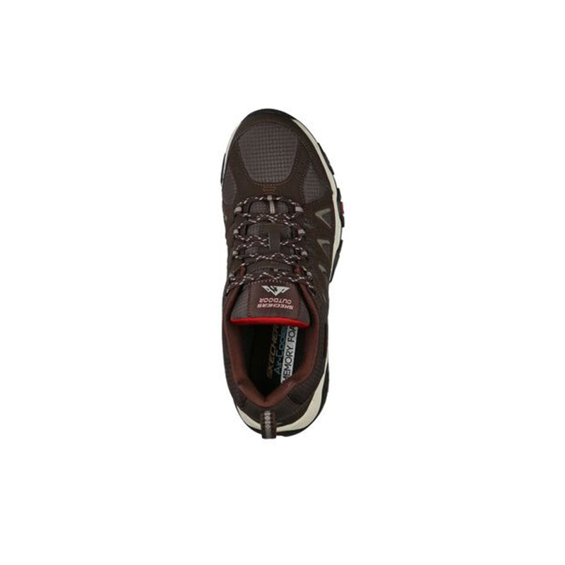 Men's sneaker top view, dark brown lace-up with off-white midsole and red accents