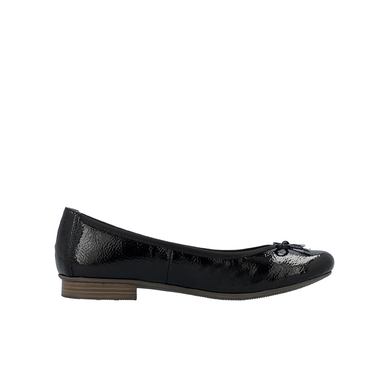 Black ballerina flats with bow detail and low block heel