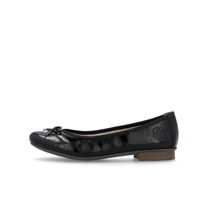 Black ballet flats with round toe, bow at front, low block heel