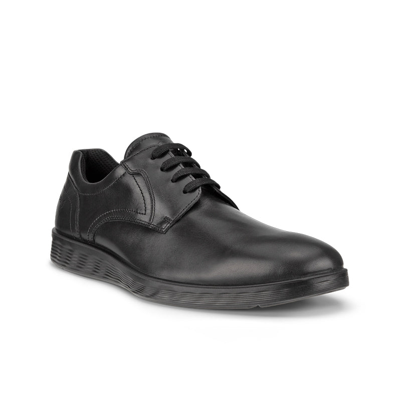 Black leather lace-up derby shoes with cushioned ridged sole