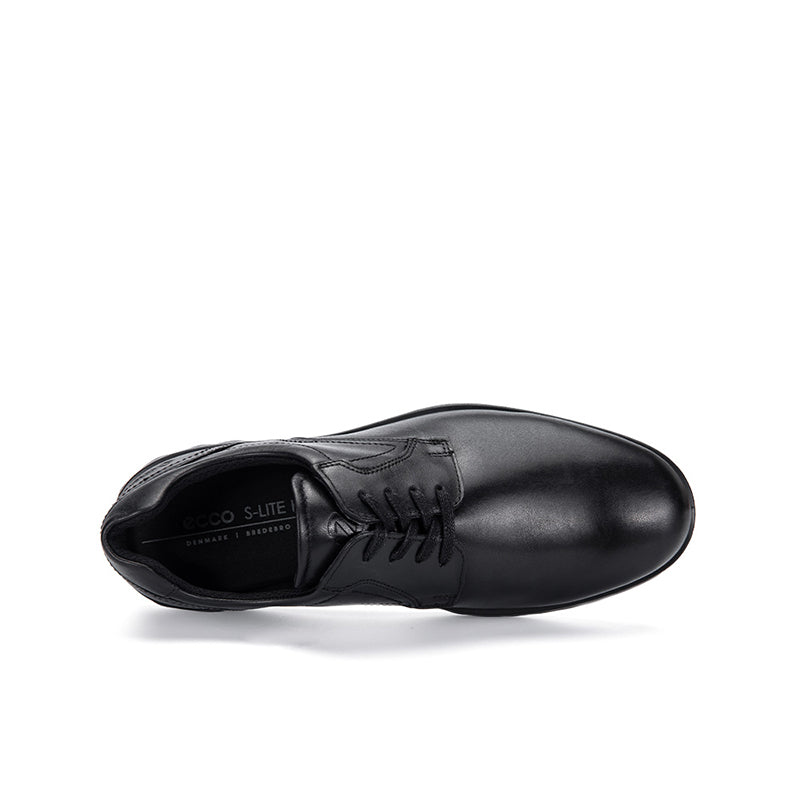 Black leather lace-up derby shoe with interior label visible