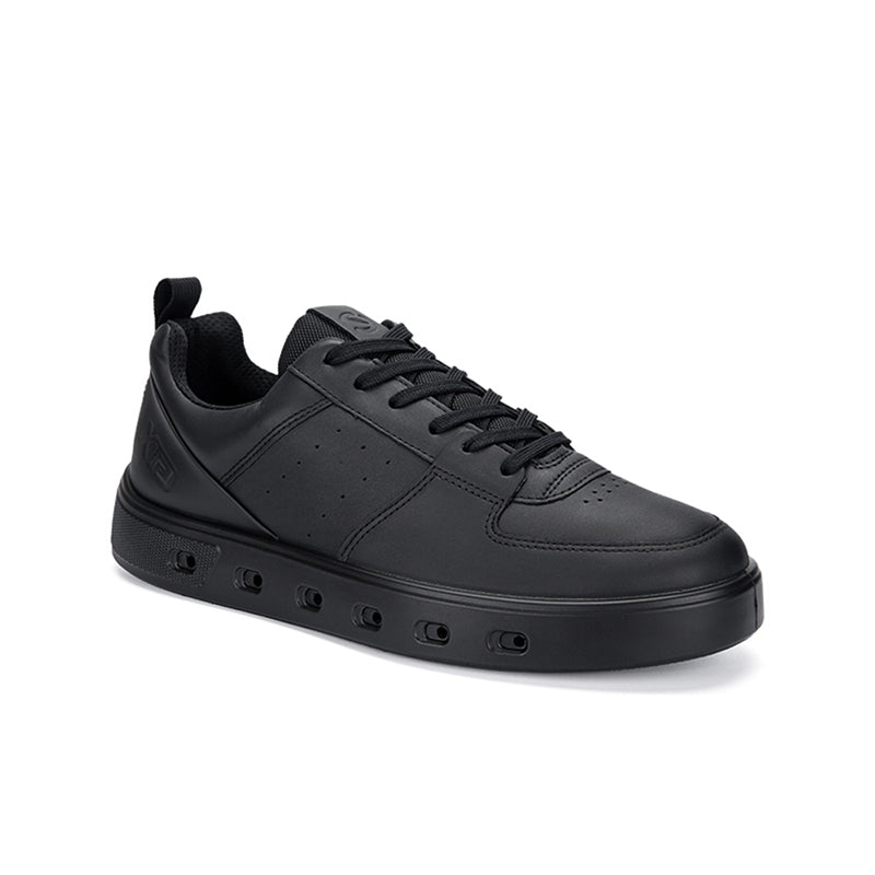 Black leather mens sneakers with lace-up front and rubber cupsole.