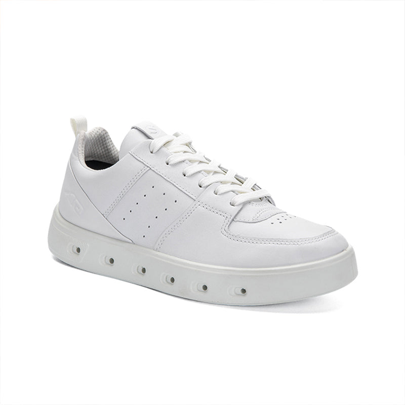 White leather mens sneakers with lace-up front and textured rubber sole.