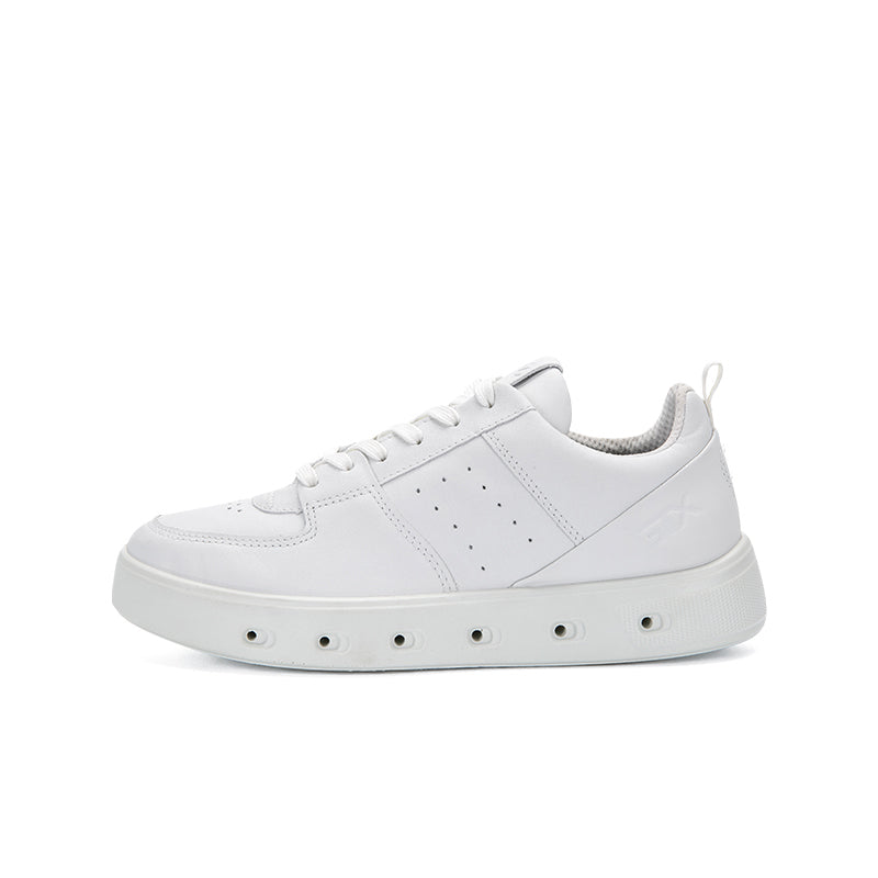 White mens sneakers with lace-up closure, perforated toe, and chunky rubber sole.