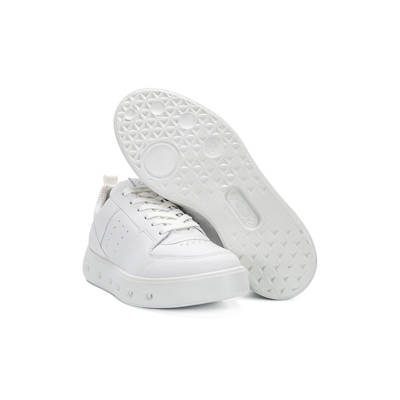 White sneaker outsole underside with tread pattern and lace-up upper.
