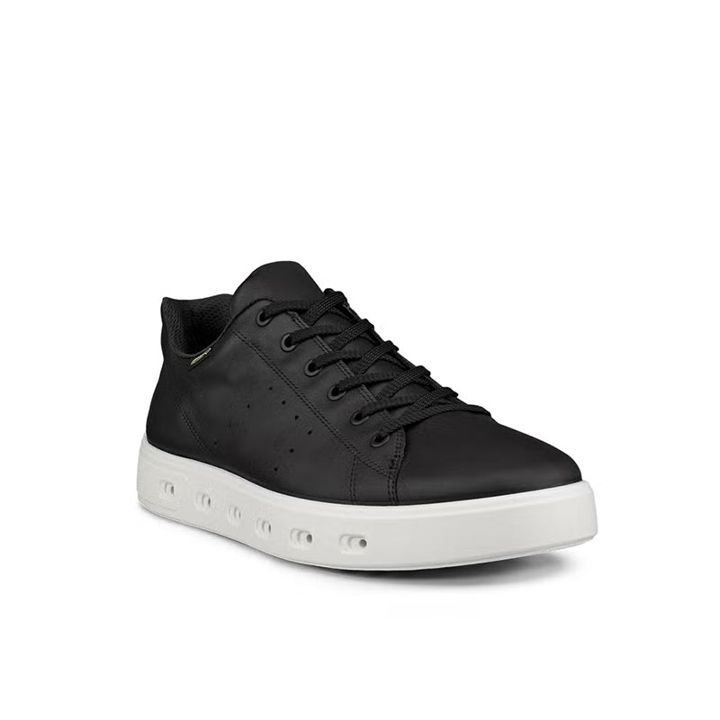 Black leather men’s walking sneakers with lace-up front and white rubber sole