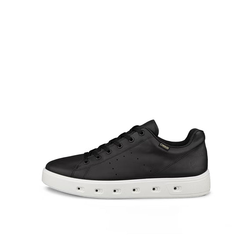Black leather men’s sneakers with lace-up front, low profile, and white sole
